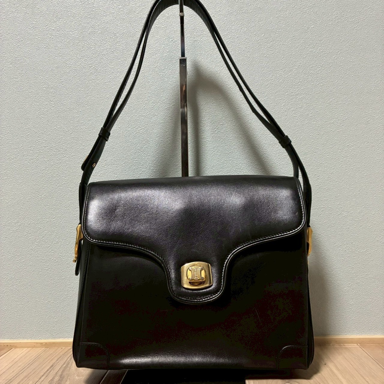 CELINE Vintage Macadam Blazon Black Leather One-Shoulder Handbag Y2K