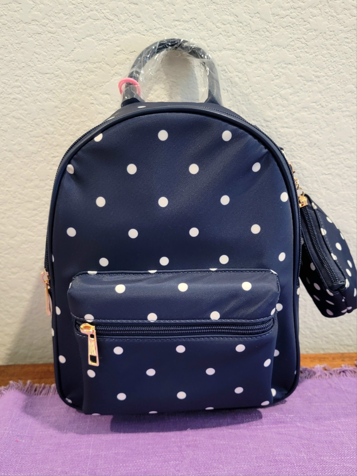 Like Dreams Mini Backpack And Coin Purse – Navy Blue With White Polka Dots