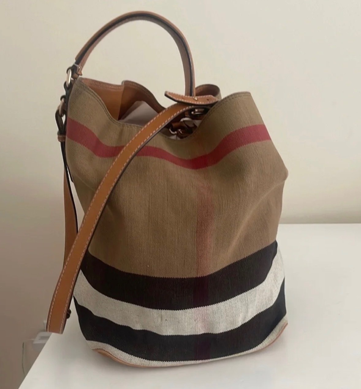 BURBERRY ASHBY MEDIUM SADDLE LEATHER CHECK CANVAS HOBO BAG