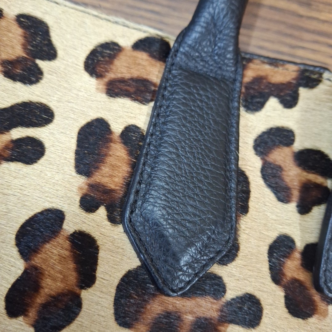 A. Bellucci Leopard Calf Hair Black Leather Satchel Bag Made In Italy Large