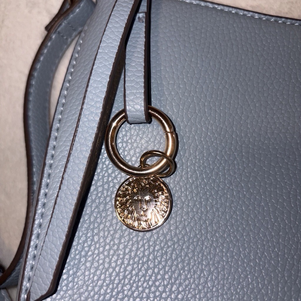 Anne Klein Light Blue Pebbled Crescent Crossbody, Gold Tone Logo, Zip Strap