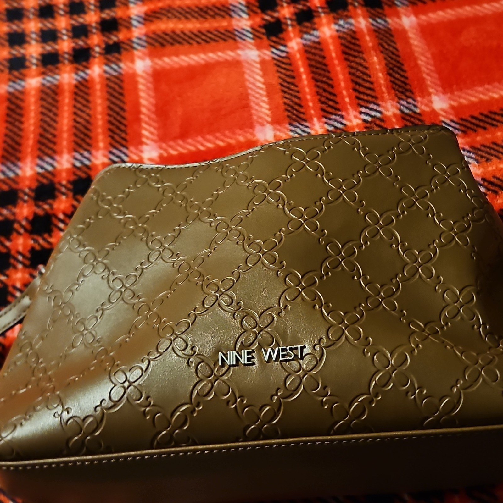 Nine West Brown Logo Pattern Zip Shoulder Bag, Lined Inner Pockets, Silver