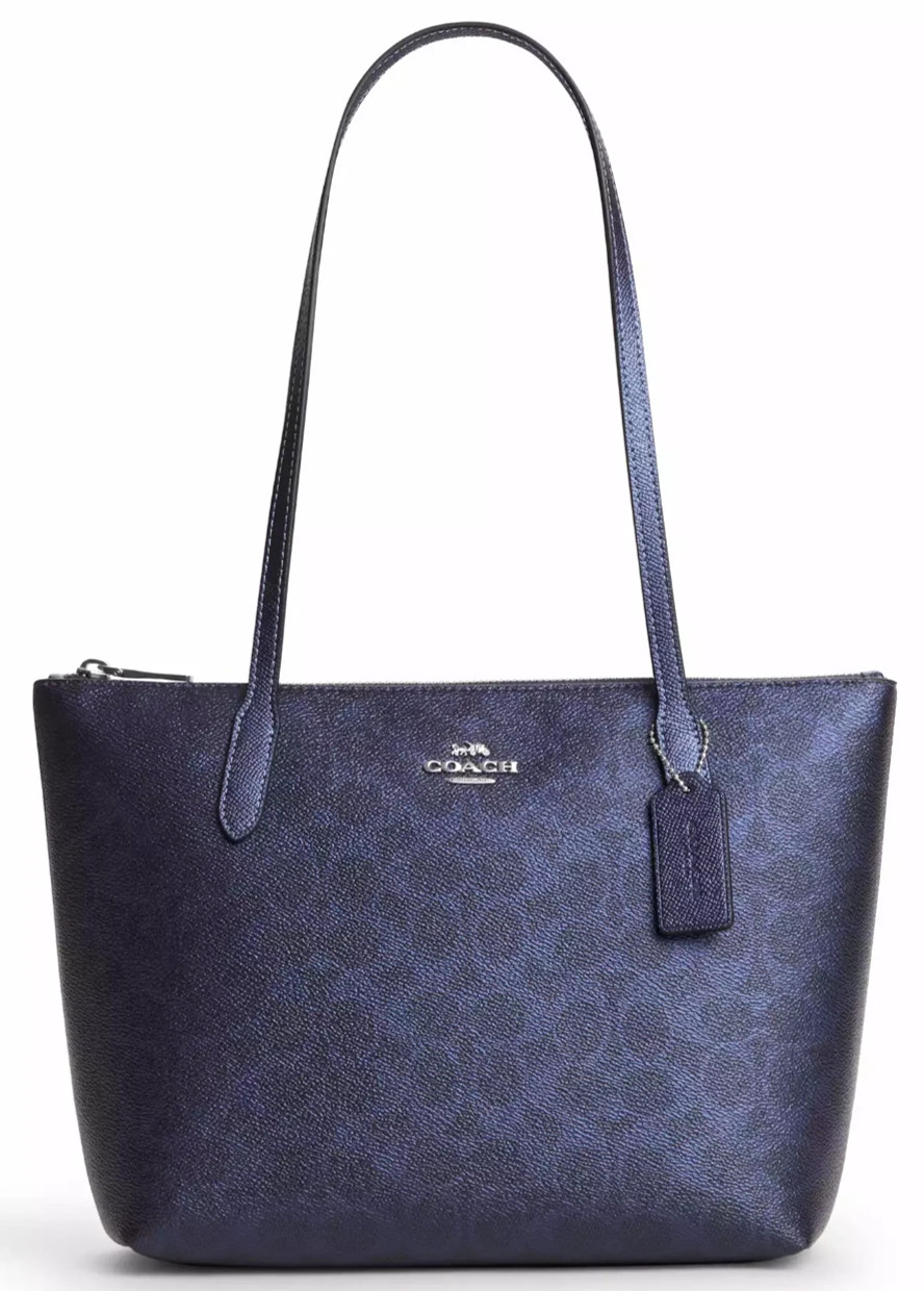 NWT Coach Fiona Zip Top Tote Bag CW396 In BLUE NAVY Sig Canvas Metallic Leather
