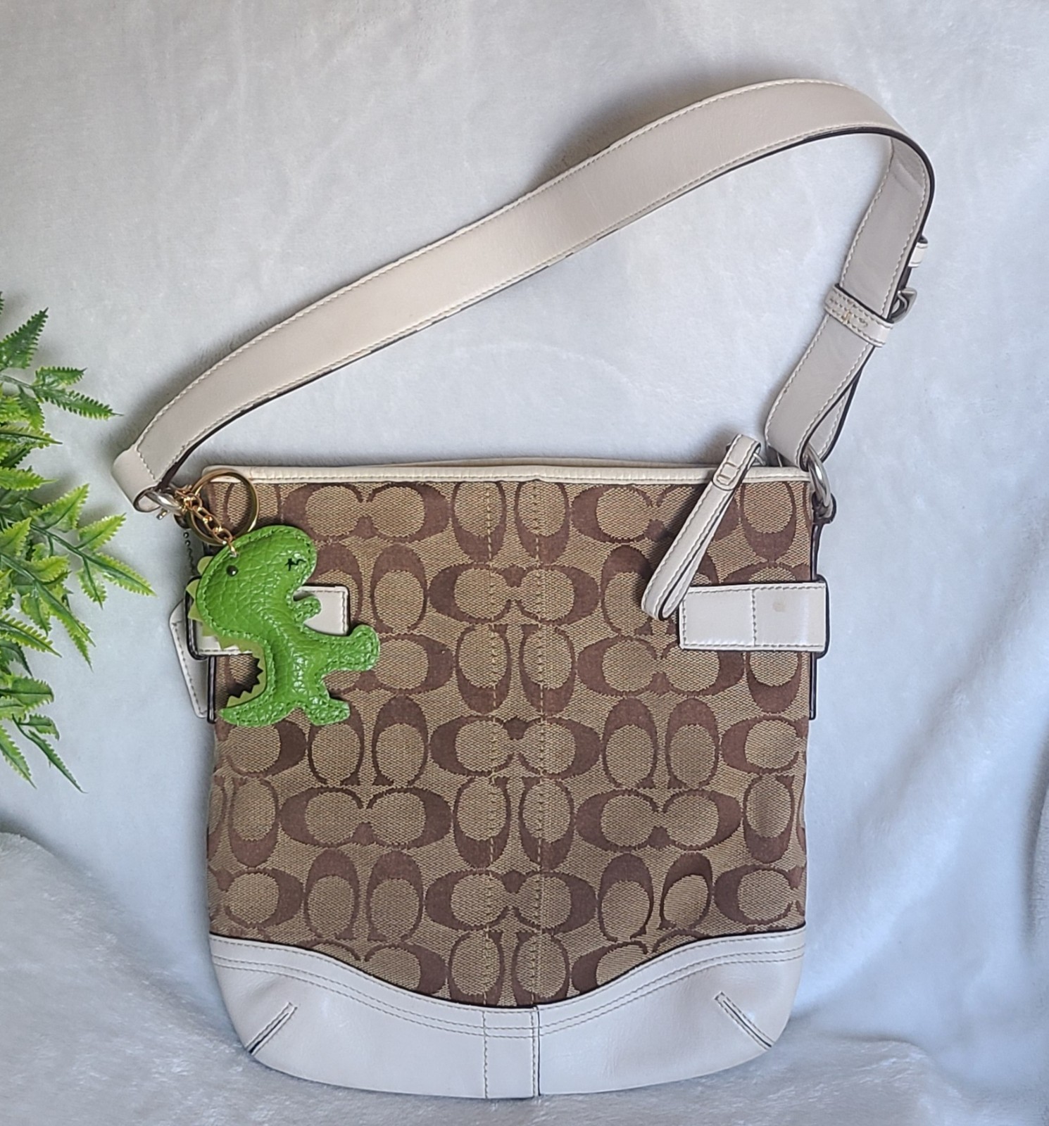 Coach Signature Brown Beige Shoulder Bag with White Leather Trim