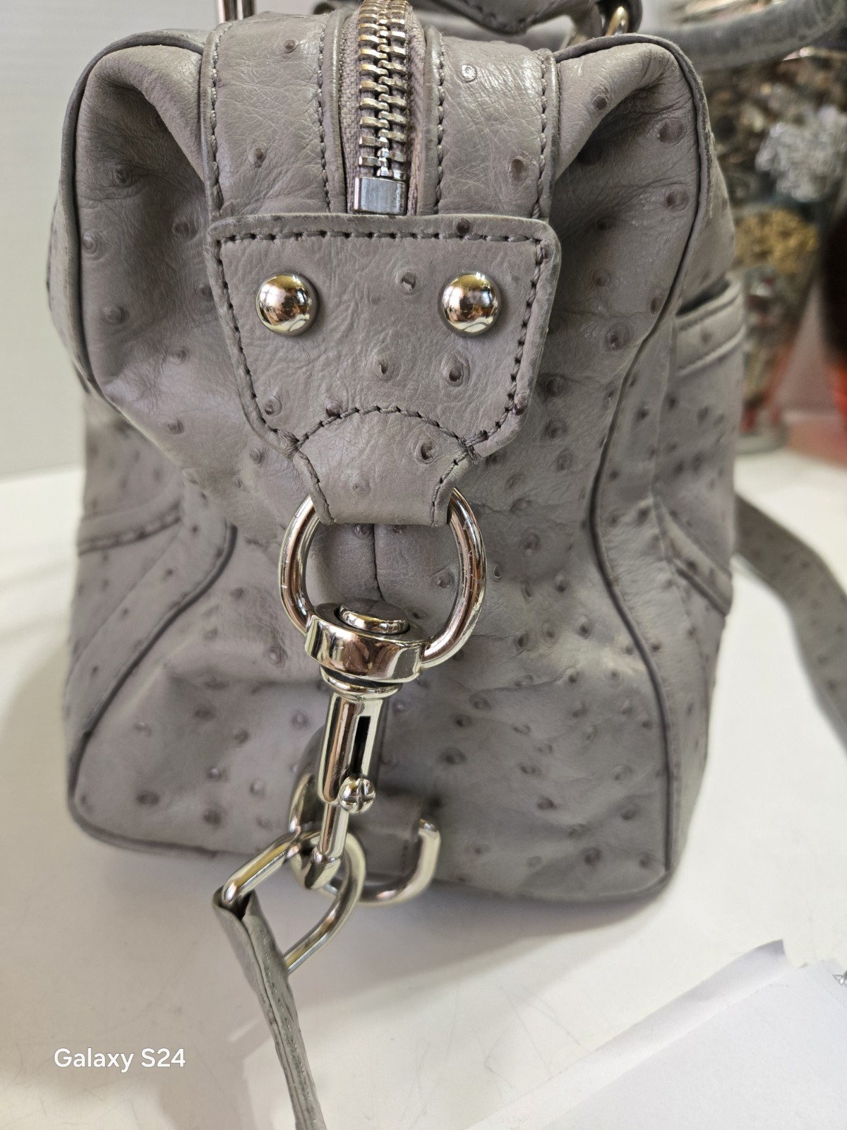 REBECCA MINKOFF Leather Ostrich Embossed Grey Handbag With Shoulder Strap