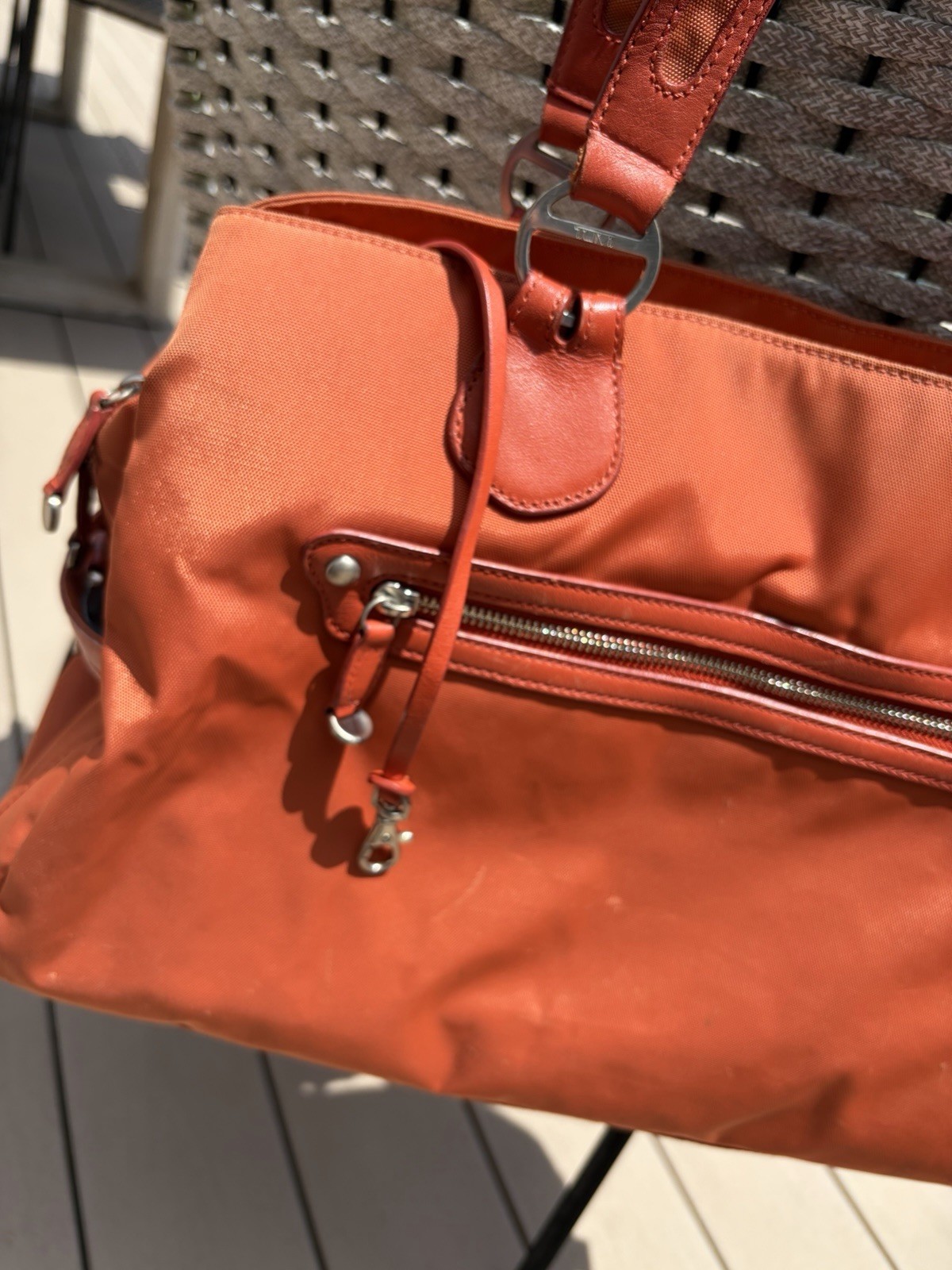 Tumi Tangerine Nylon Carry Bag / Purse Orange W Teal Lining Tracer Plate Ser. #