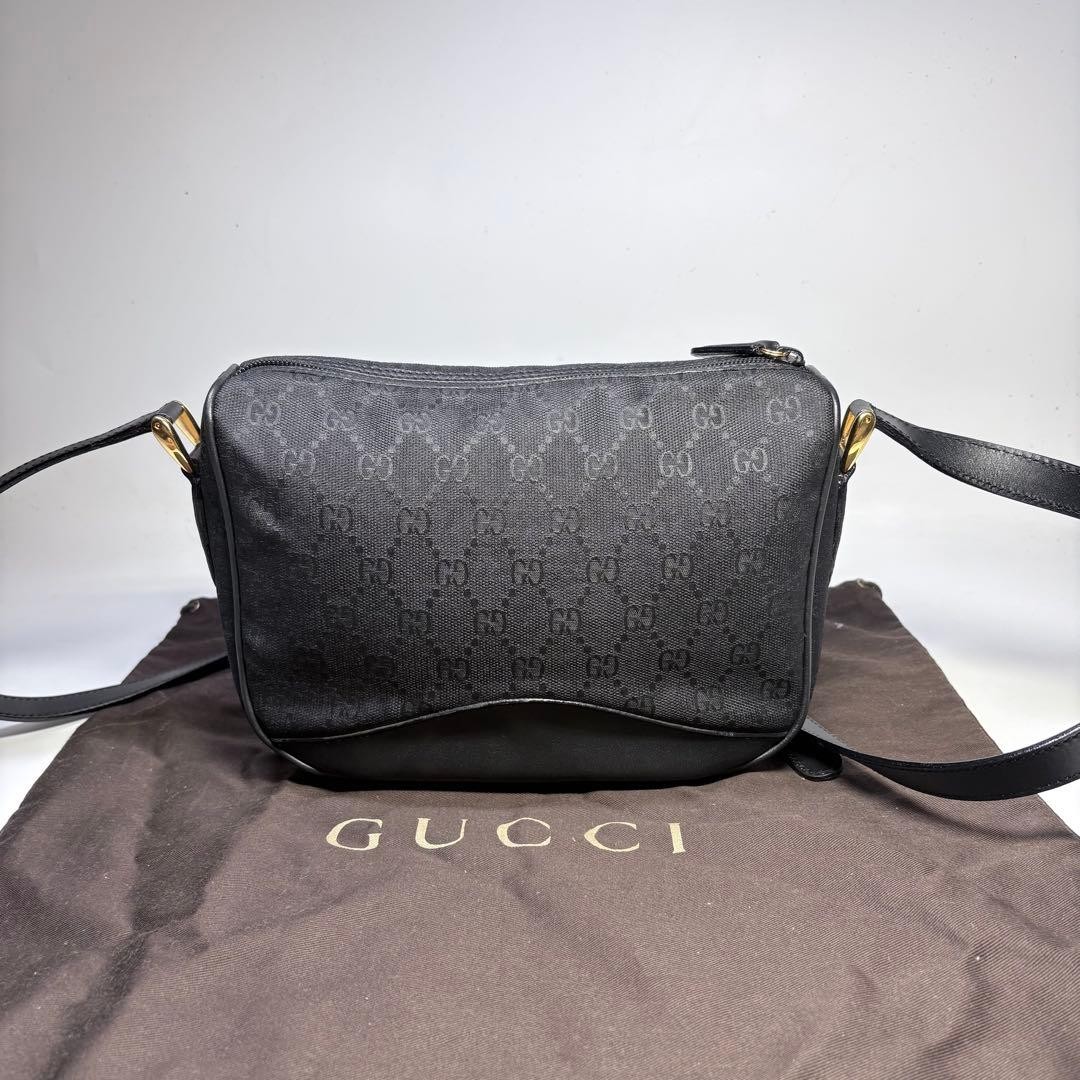 GUCCI GG Supreme Black Leather Canvas Shoulder Bag 23x17cm Strap 120cm Authentic
