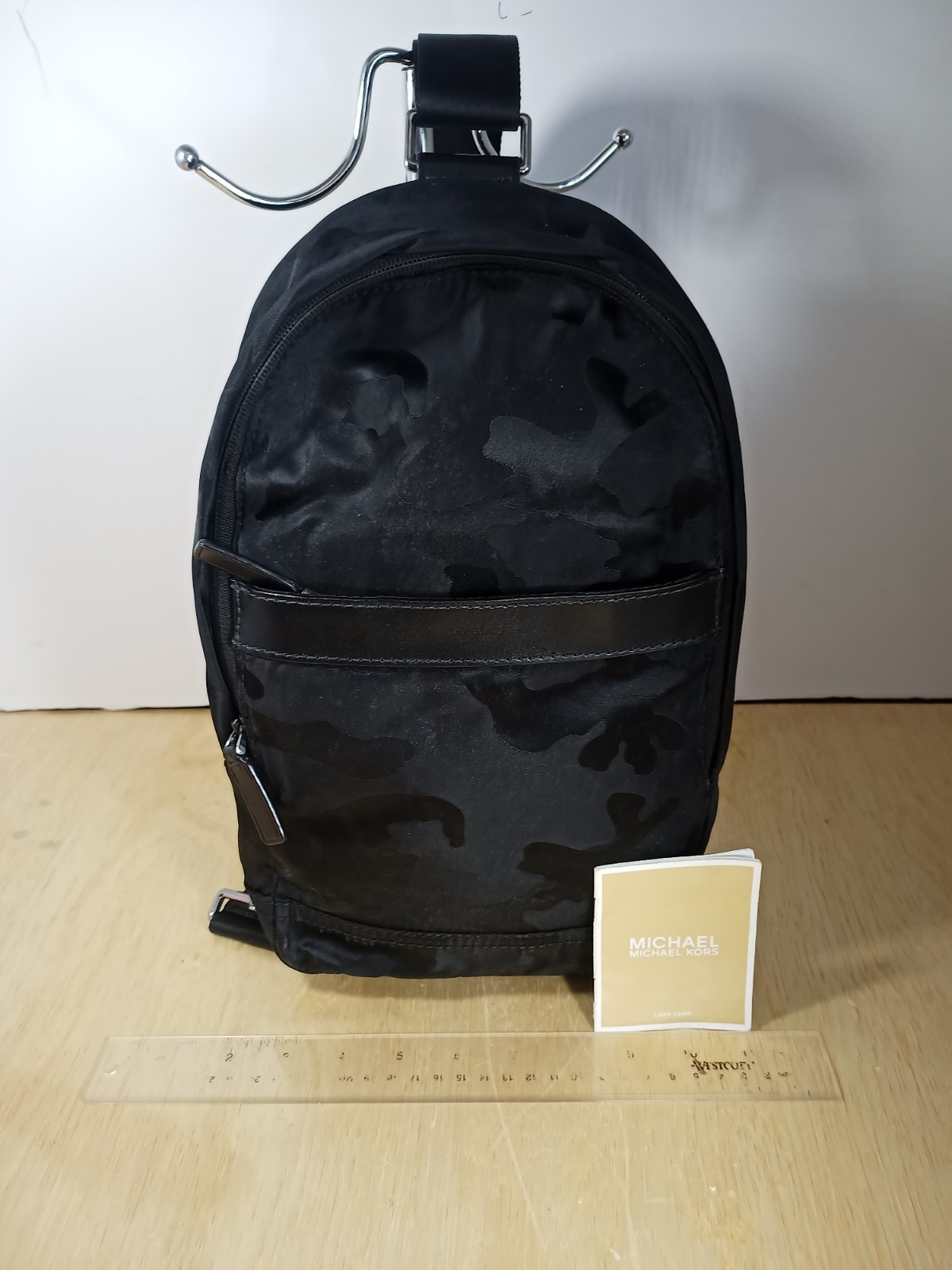 Michael Kors Camo Medium Black Backpack Jaquard Canvas Silver Hardware