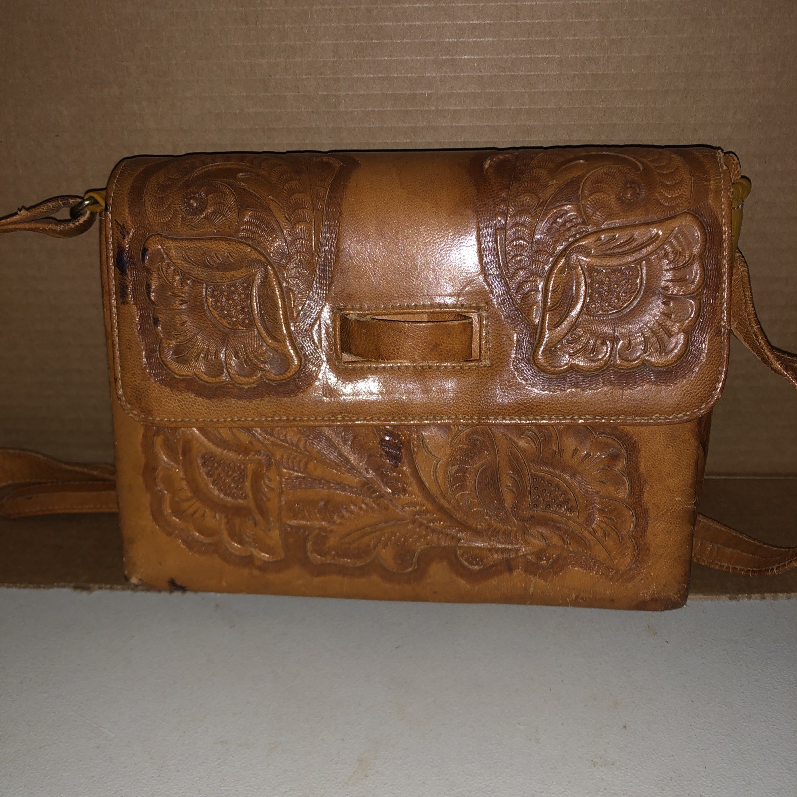 Vintage Tooled Leather Crossbody 8inch By 7 Inch Nice!