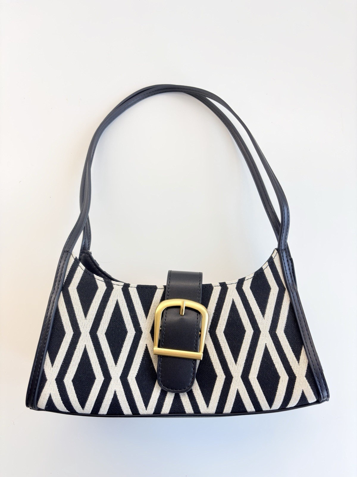 Urban Revivo Black White Gold Geometric Pattern Canvas Shoulder Purse Handbag