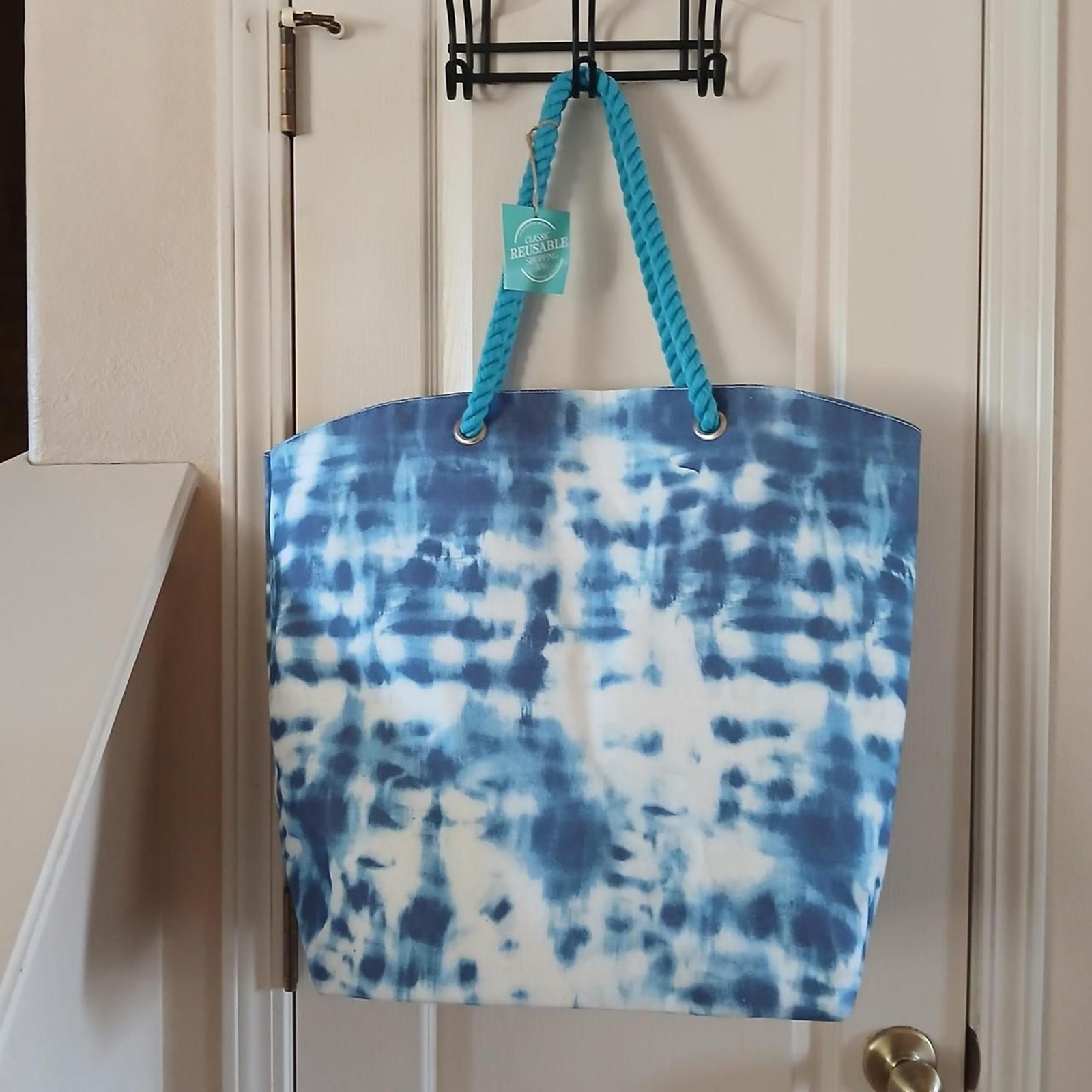 NWT Large Blue Shibori Style Tie Dye 100% Cotton Boat Tote Beach Bag Rope Handle