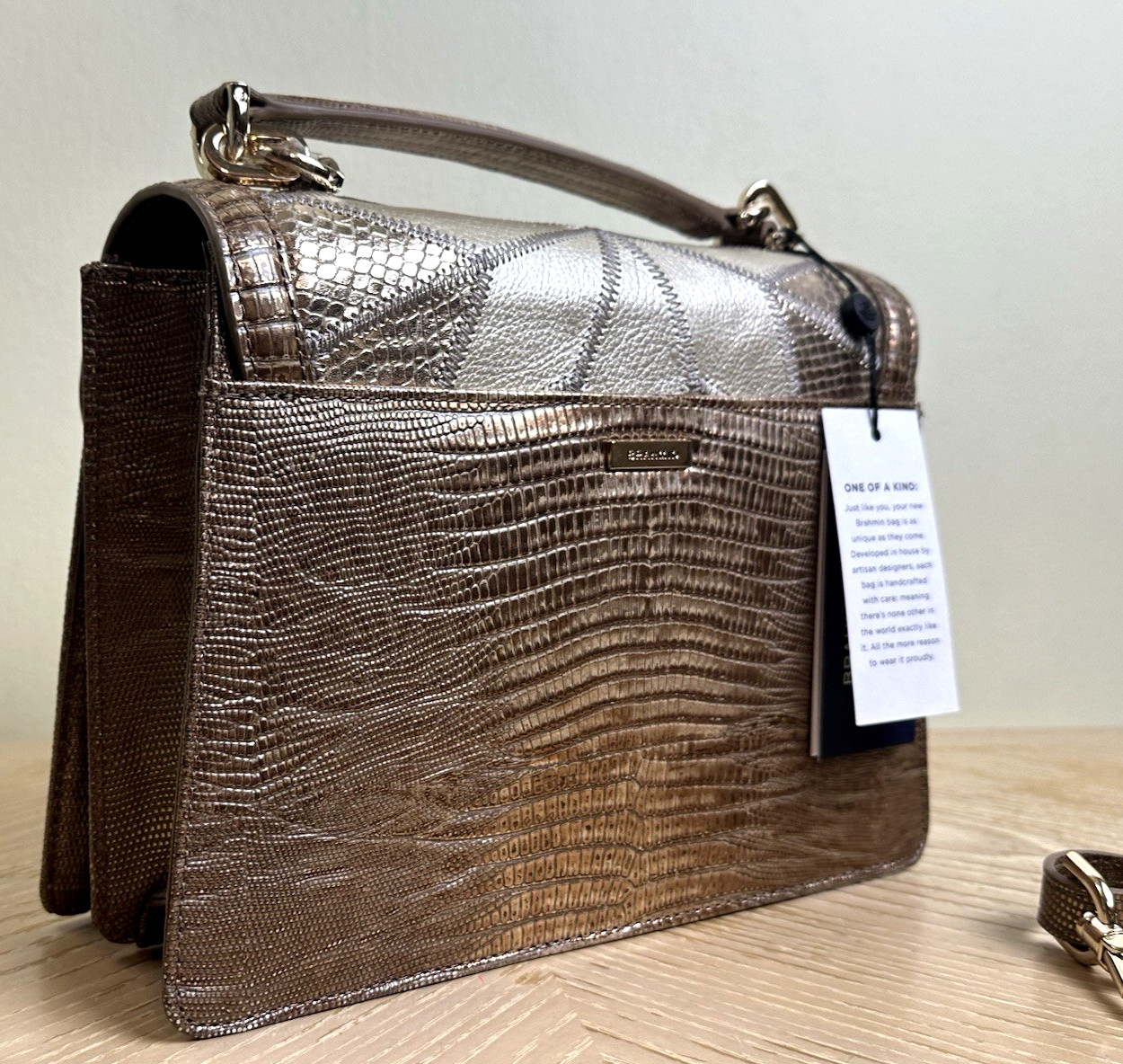 BRAHMIN SMALL HALLIE MULTI SILVER HILL WHITE BRONZE GOLD STAR LEATHER HANDBAG