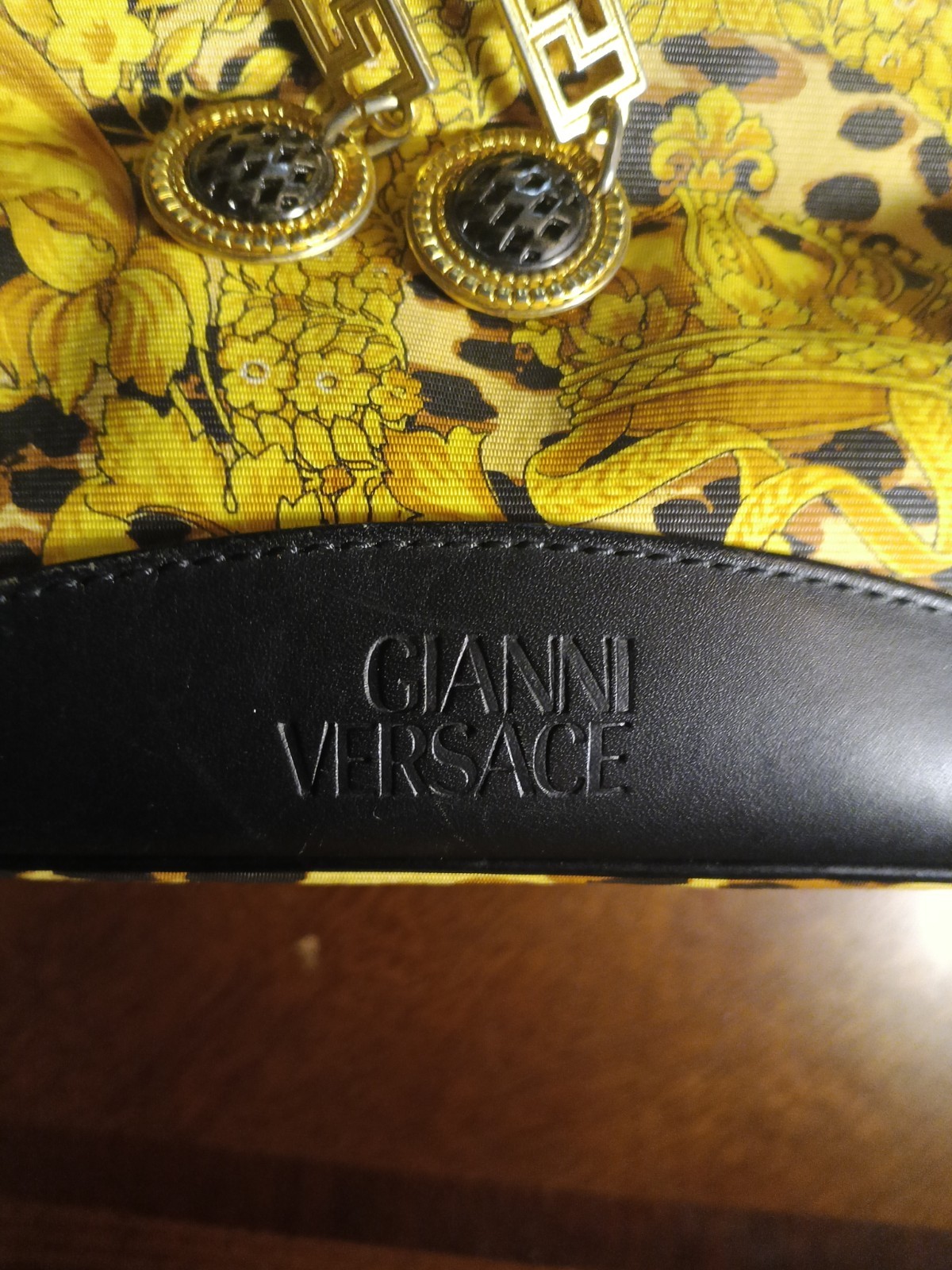 Versace Vanity Bag Yellow Sunburst Canvas Leather Mirror Gold Hardware Italy