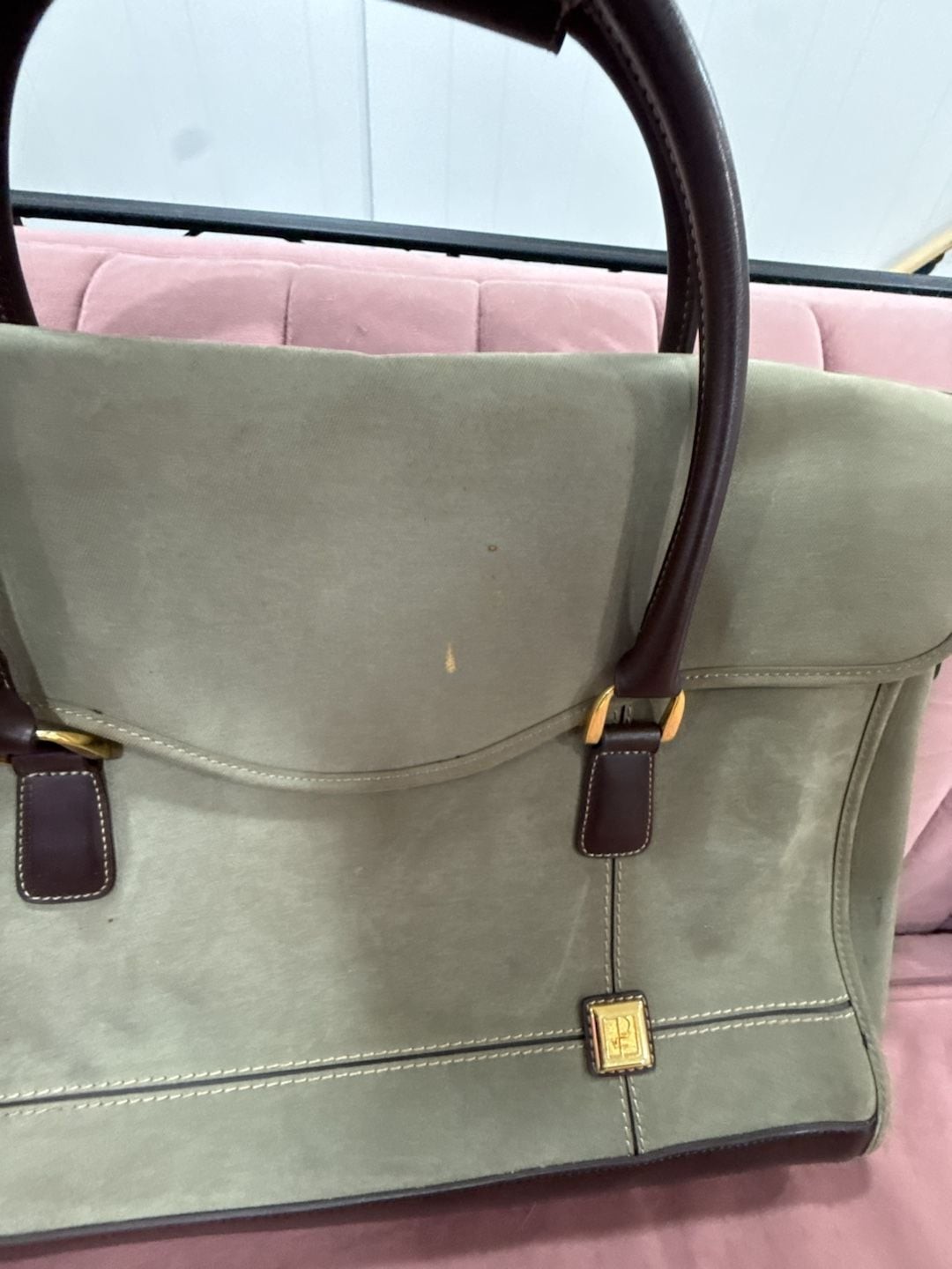 Diane von Furstenberg Olive Suede and Brown Leather Briefcase Messenger Bag