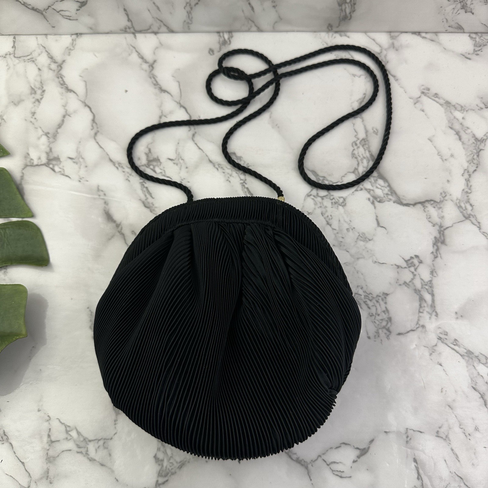 Vanessa Vintage 90s Evening Bag Clutch Purse Black Pleated Small Cord Strap