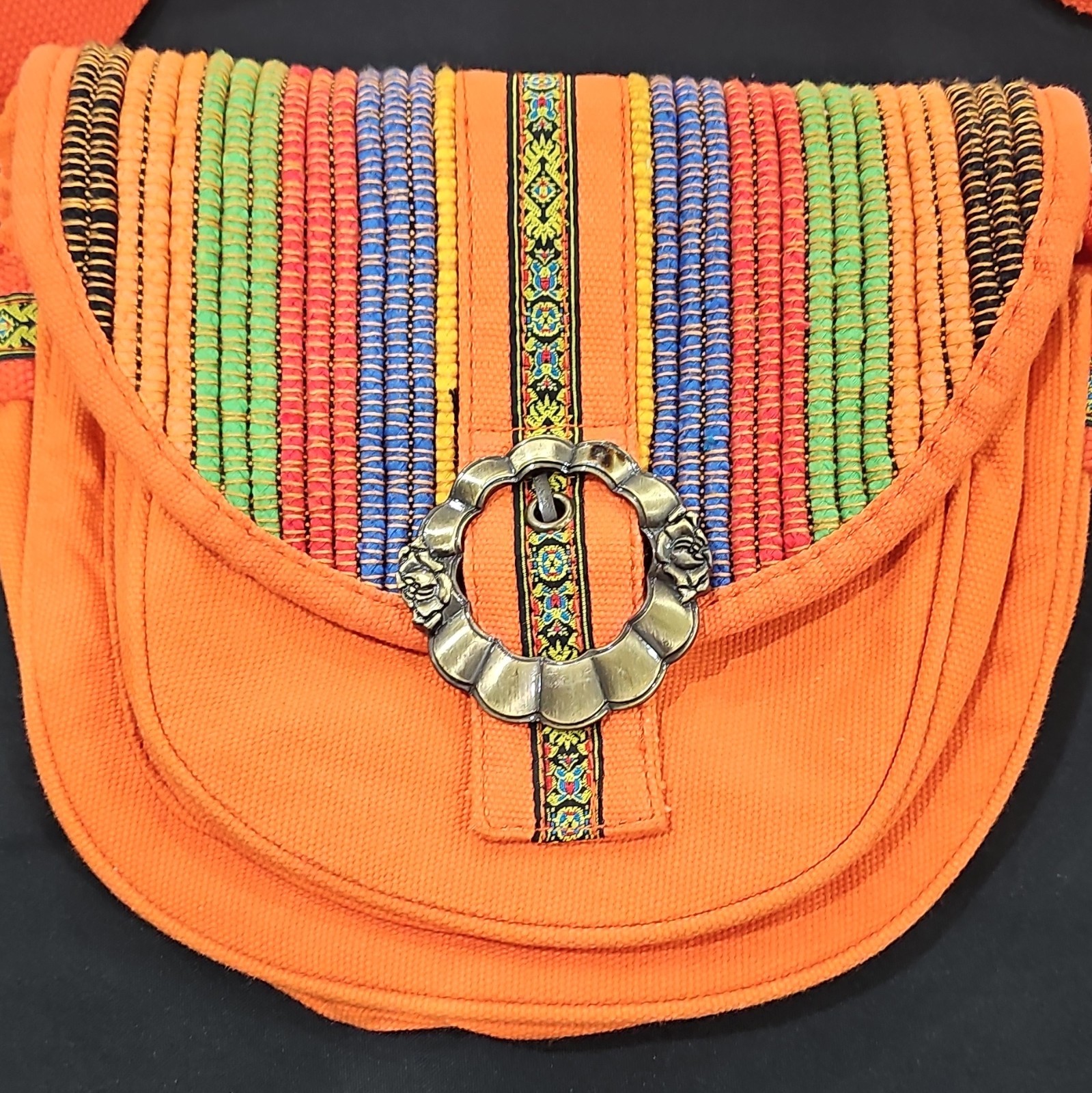 Orange Multicolor Striped Bohemian Shoulder Bag Accents Zip Closure