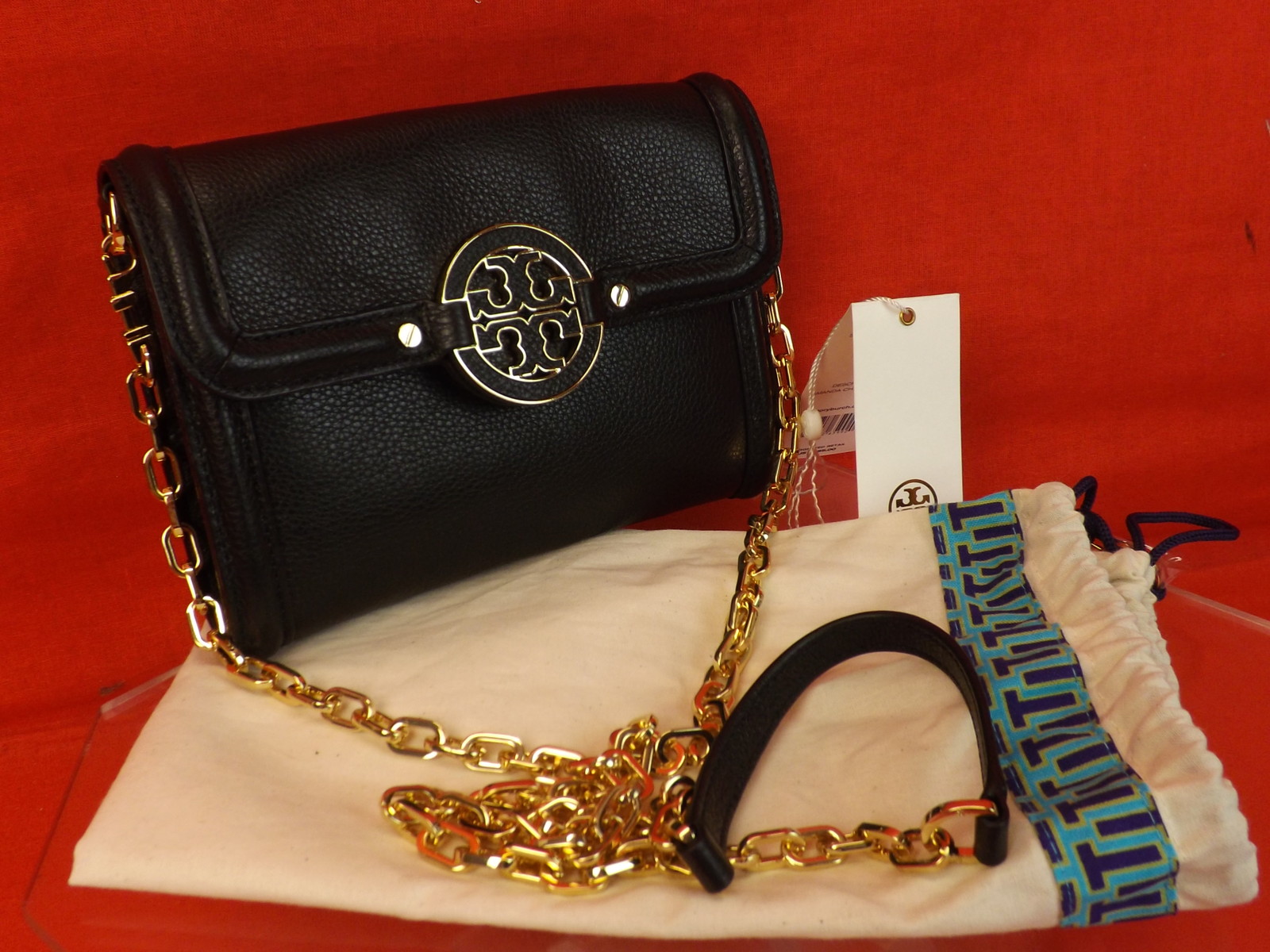 NWT TORY BURCH AMANDA BLACK LEATHER REVA CHAIN WALLET CROSSBODY CLUTCH BAG