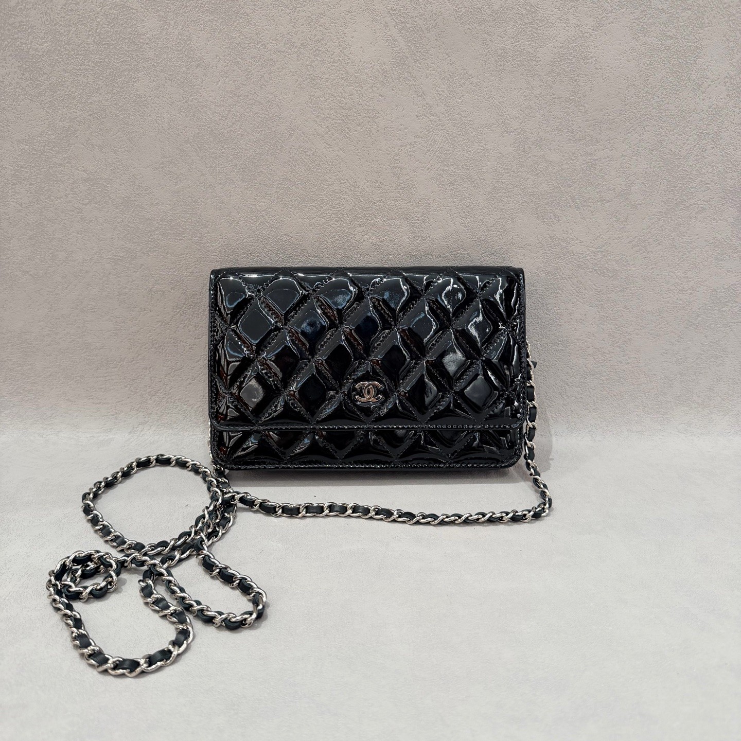 Chanel Wallet on Chain Normal Size Black Patent Leather Crossbody Bag US Ship