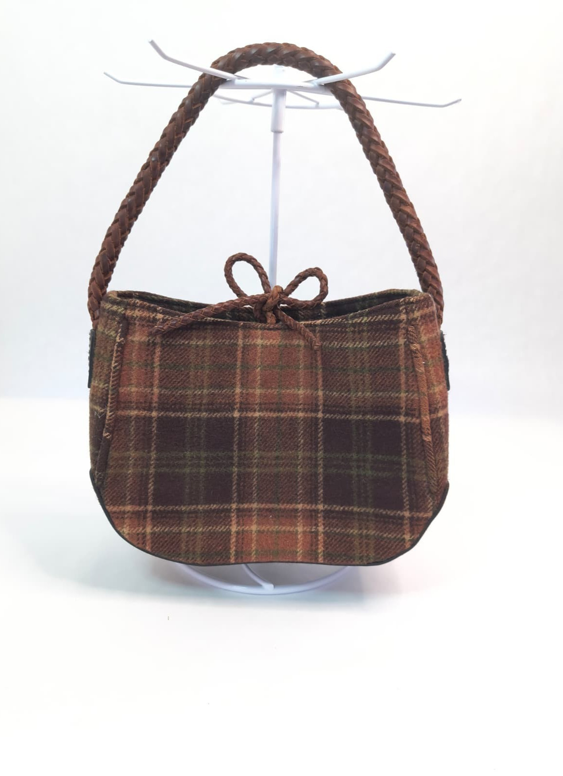 Lauren Ralph Lauren Wool Blend Plaid Hobo Shoulder Bag Braided Leather Handle EX