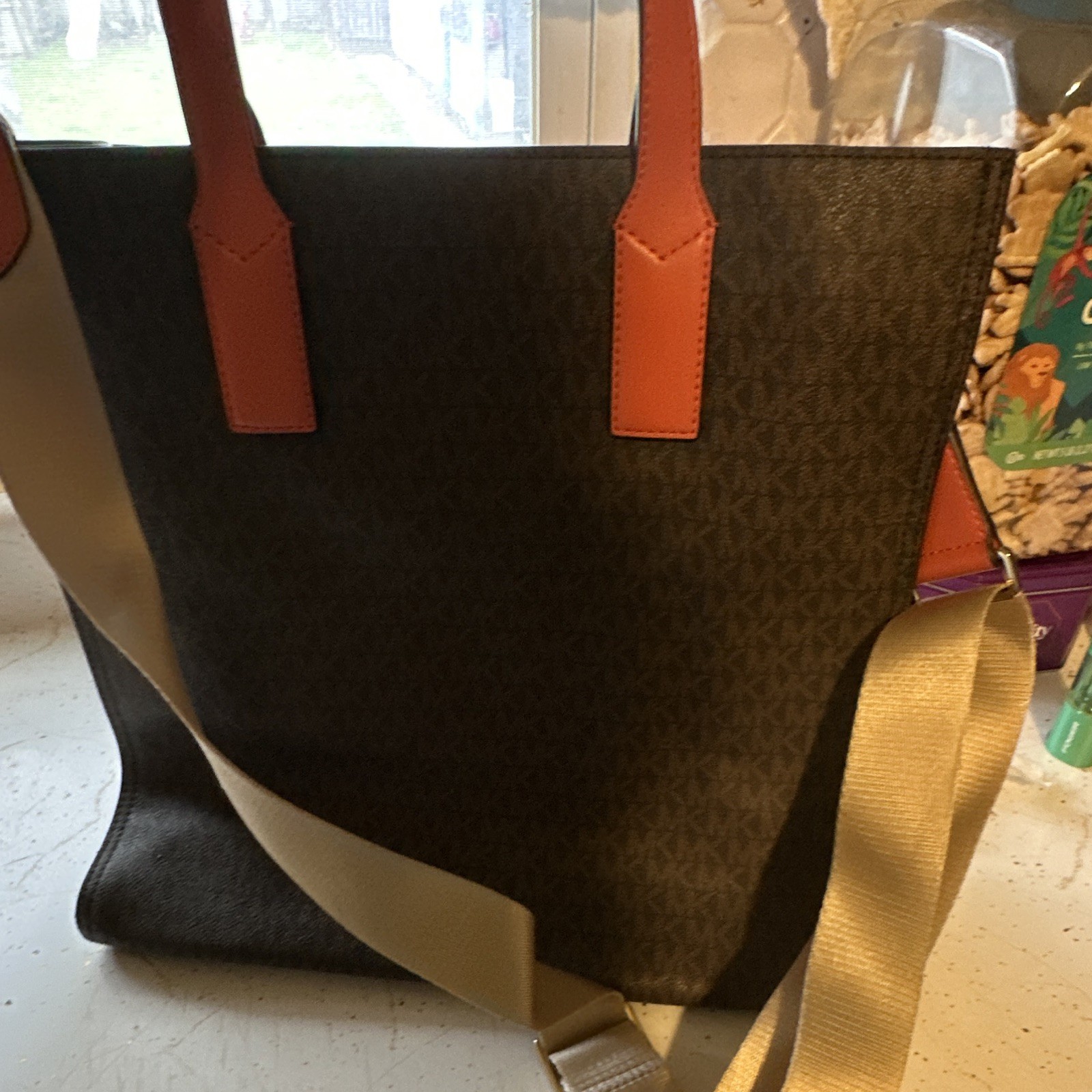 Michael Kors Brown Logo Tote Orange Trim Front Zip Pocket Detachable Strap