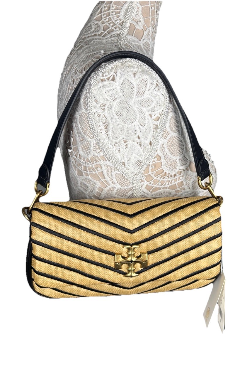 Tory Burch Kira Soft Straw Small Flap Shoulder Bag Color Natural & Black