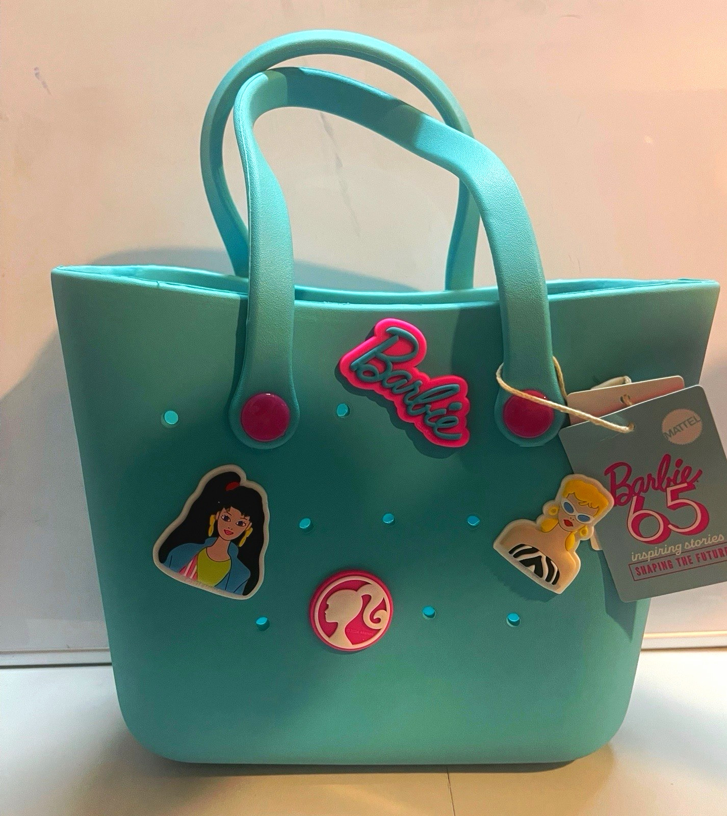 Barbie Blue Medium Tote Bag Open Top Double Handles Charm Logo Studs Matte