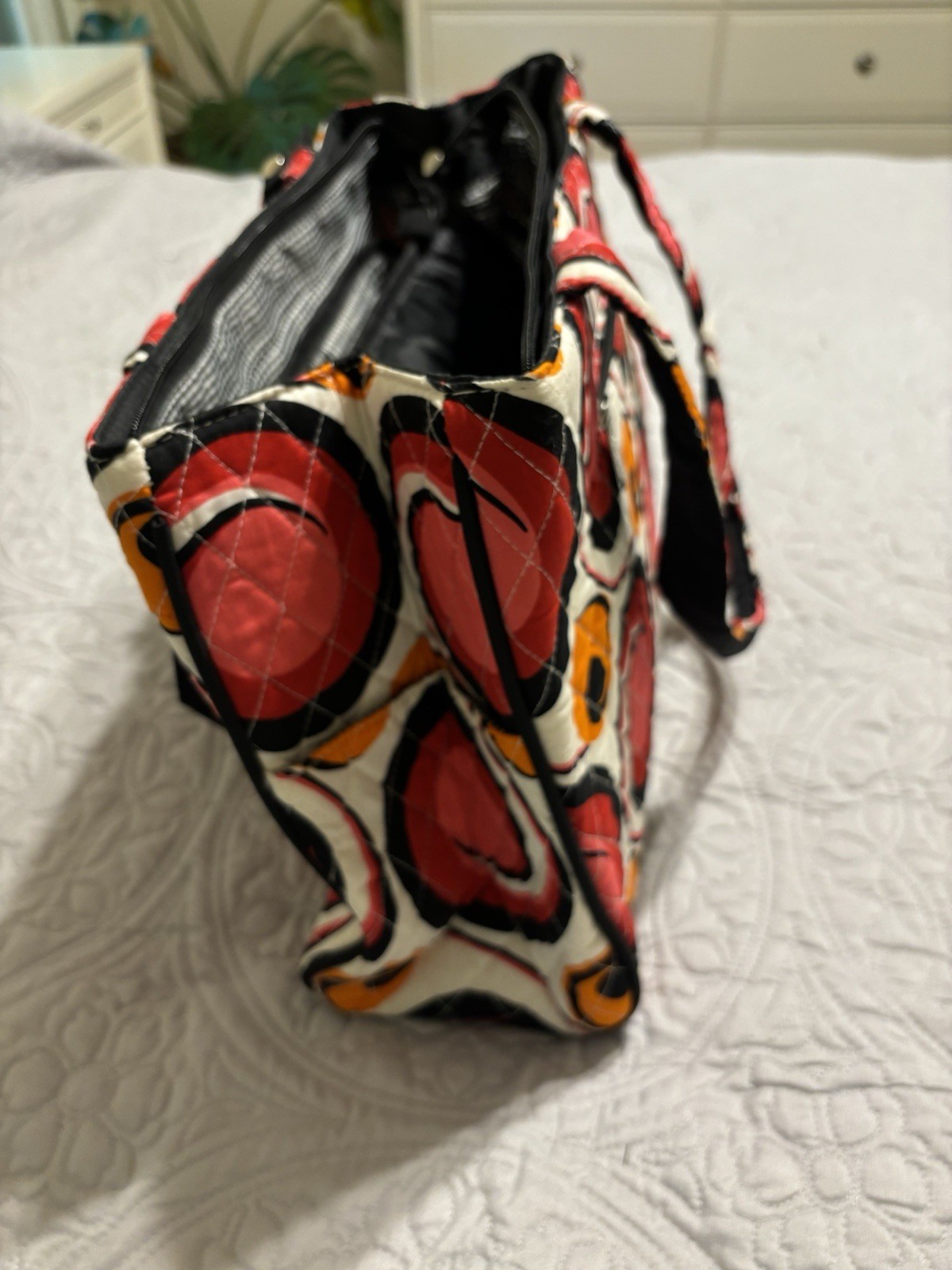 Bliss Quilted Geometric Tote Bag Red Orange Black White Bow Zipper Changing Pad