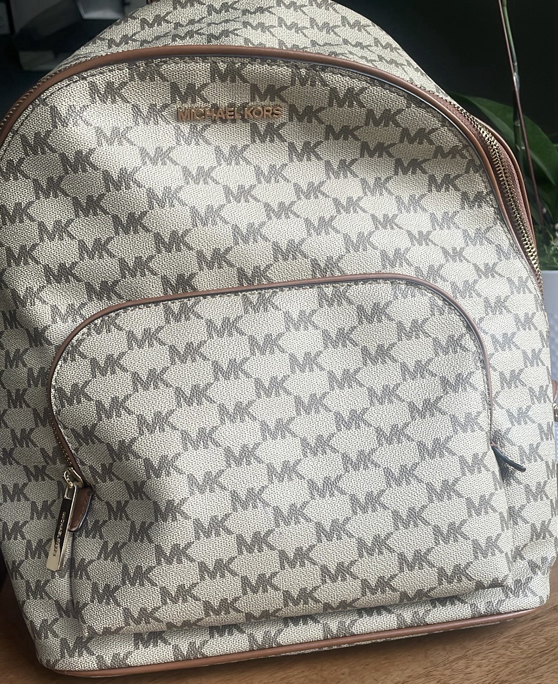 Michael Kors Logo Backpack Beige/Brown Zip Closure Gold Hardware Front Pocket