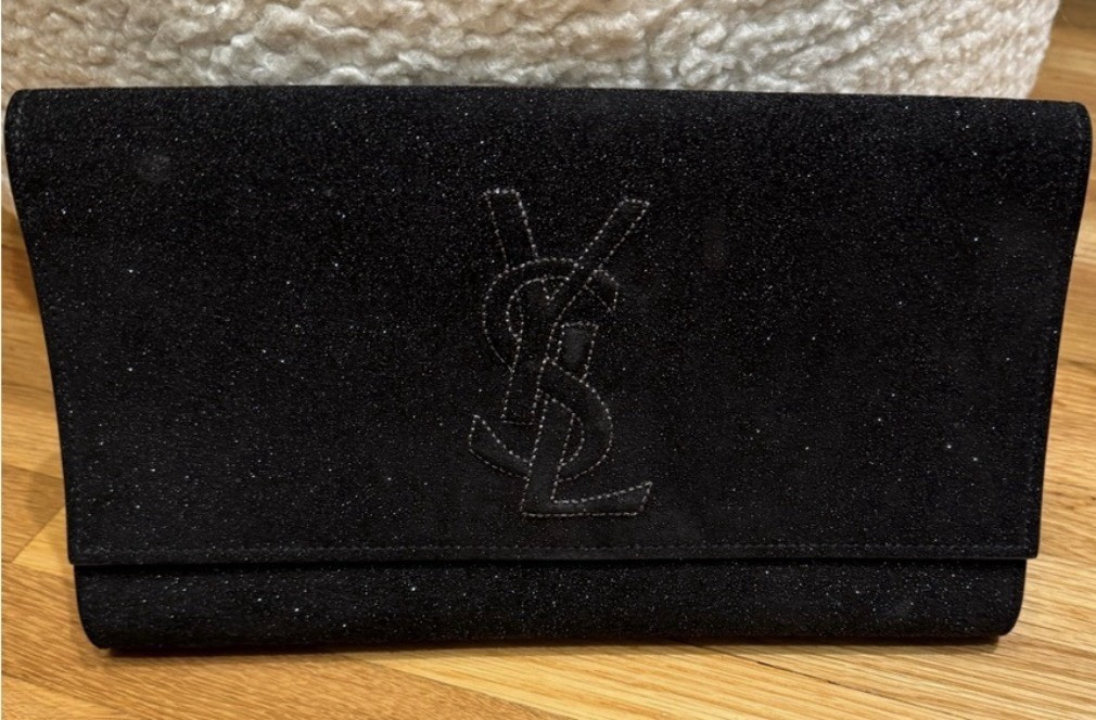 Yves Saint Laurent Black Logo Clutch, Magnetic Closure, Gold Hardware, Card