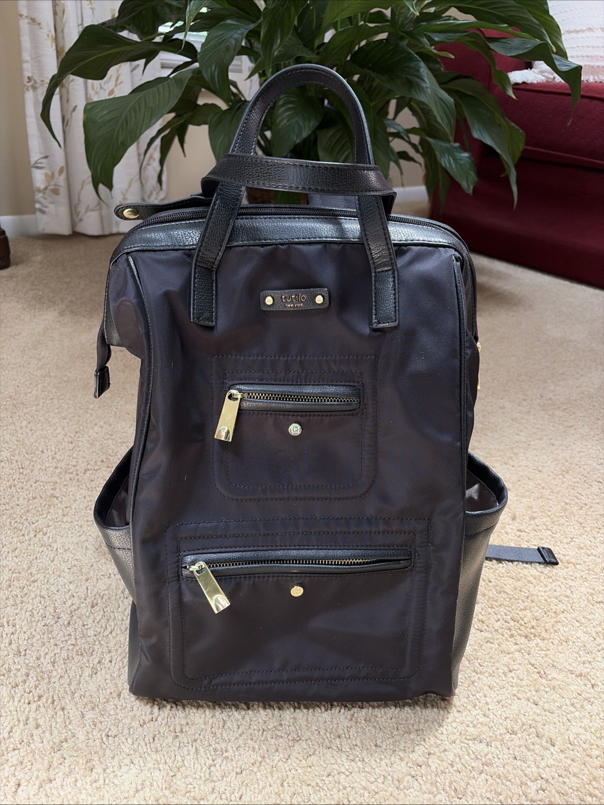 Tutilo New York Boost Black Nylon Leather Backpack School Laptop Bag