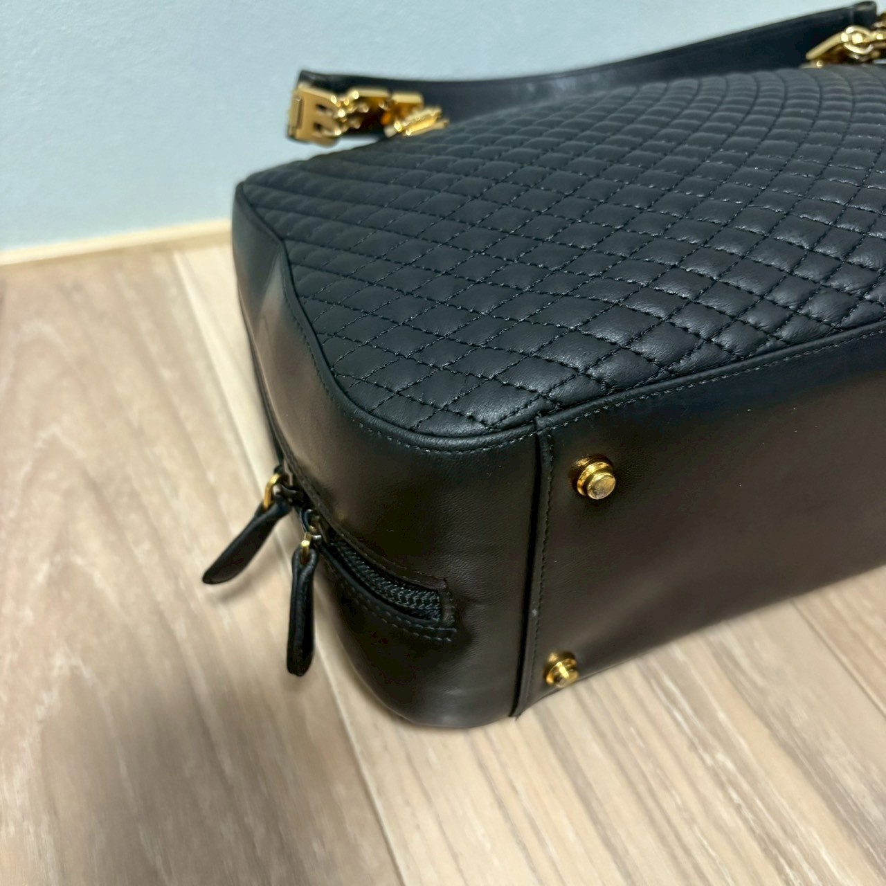 BALLY B-Logo Chain Handle Quilting Leather Mini Boston Bag Handbag Y2K