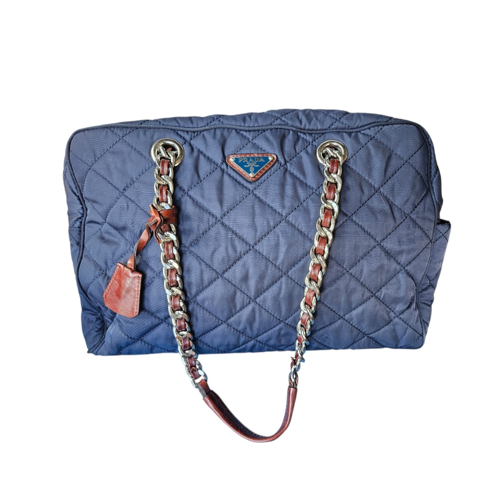 Authentic Vintage Prada Navy Quilted Tessuto Chain Bag Shoulder Purse Lock Key