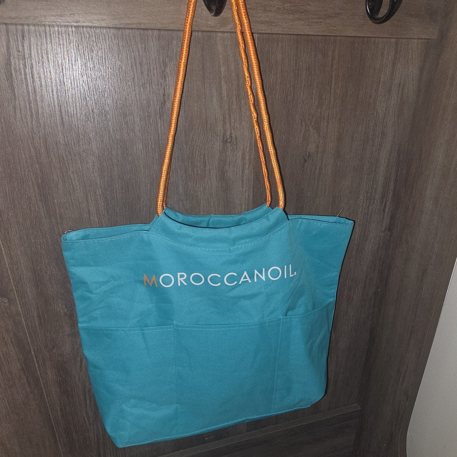 Moroccanoil Blue Tote Bag Orange Shoulder Straps Open Top Logo Pockets