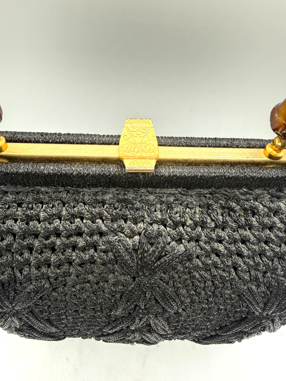 Black Wicker Handbag with Bamboo Handle Gold Hardware Vintage Style Box Purse