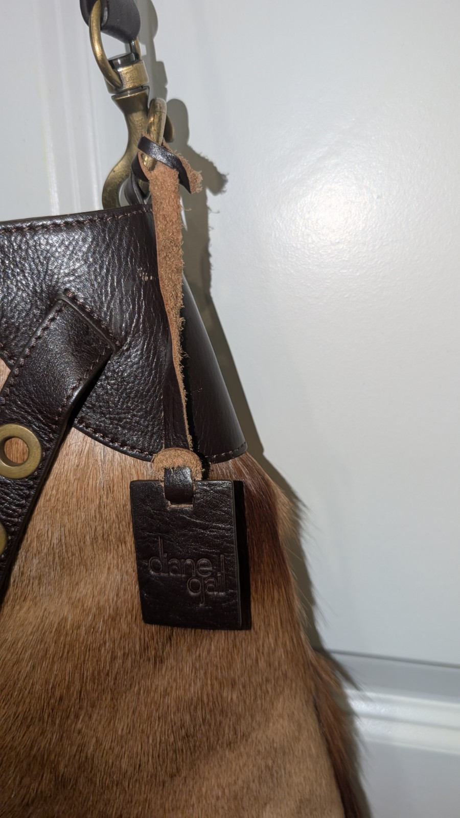 Diane Gail leather trim 70s style springbok fur purse bag western crossbody