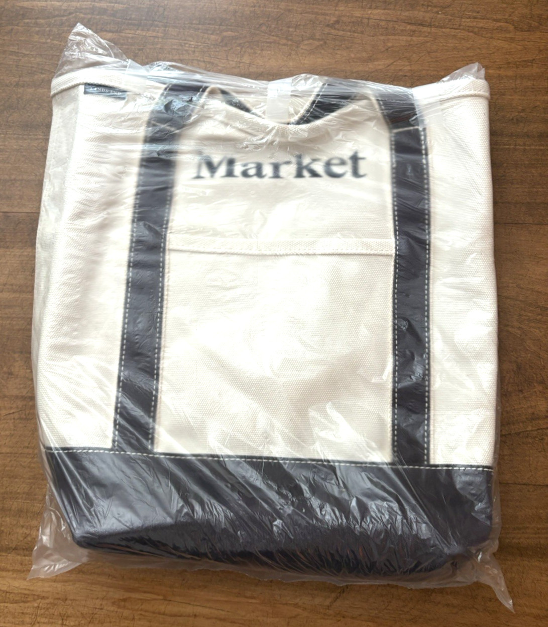 Lands’ End “MARKET” Canvas Tote Bag Off-White & Navy Blue New in Sealed Package