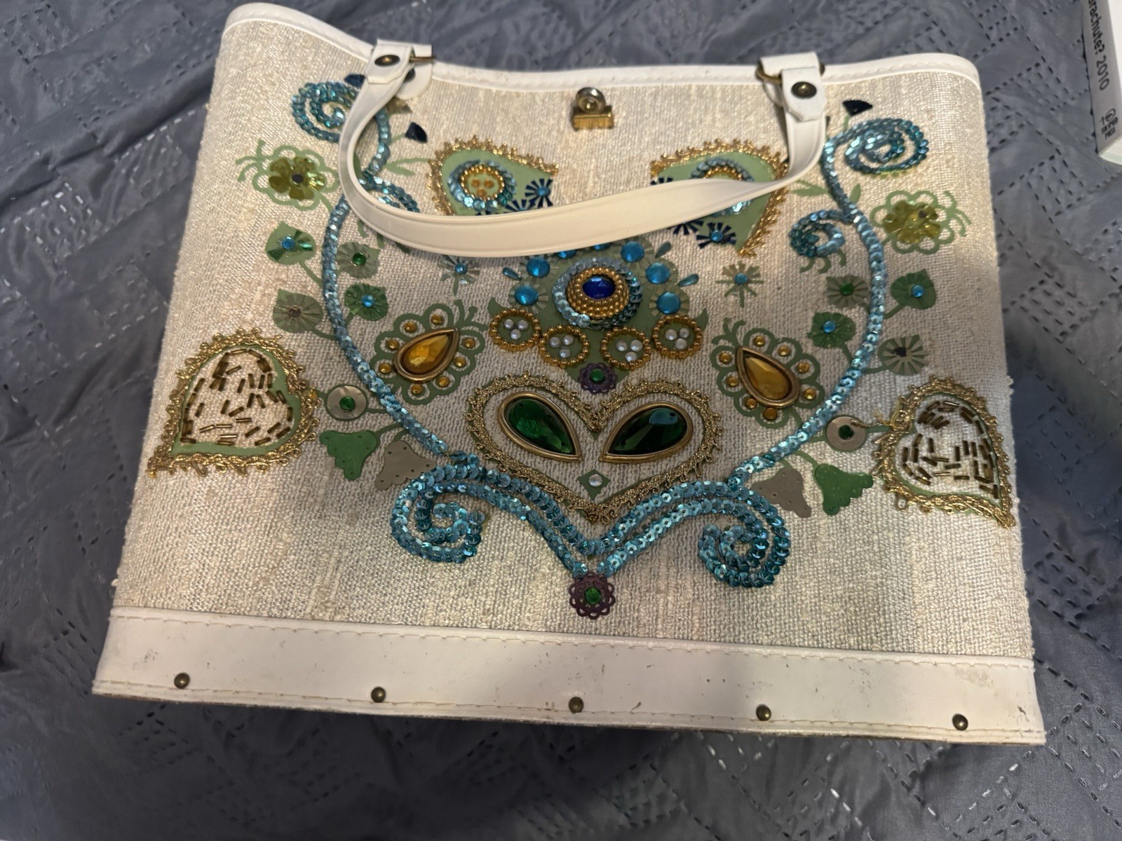 Vintage Unbranded Sequined Purse, Teal Accents, 11 Inches Tall X 12 Inches Long