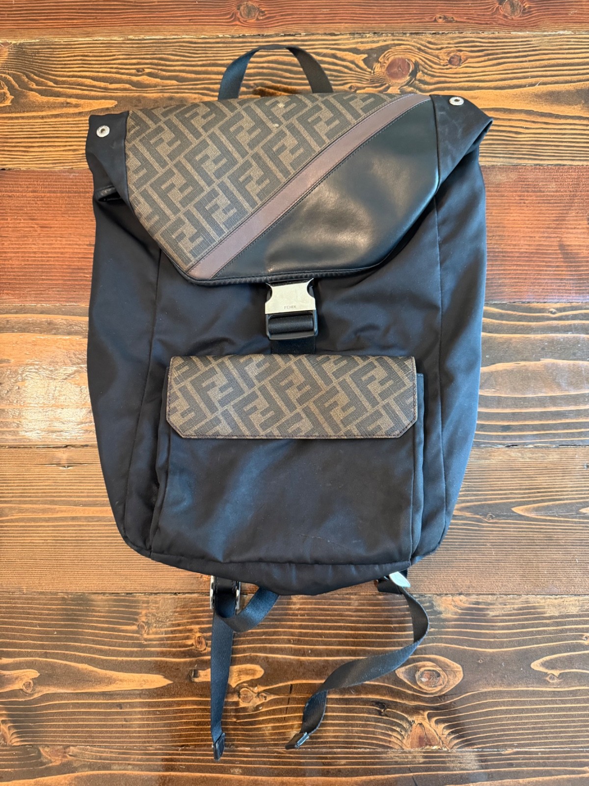 Fendi FF Zucca Monogram Nylon Leather Backpack Black Brown Unisex Italy