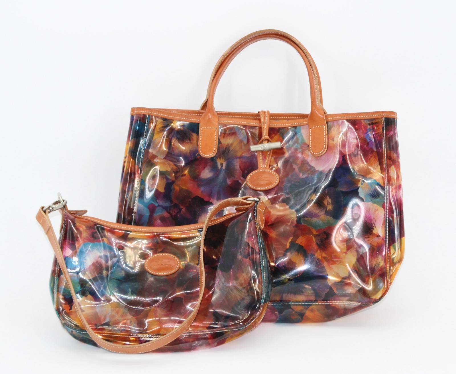 Longchamp Floral Print Semi-Transparent Handbag Tote & Shoulder Bag Set