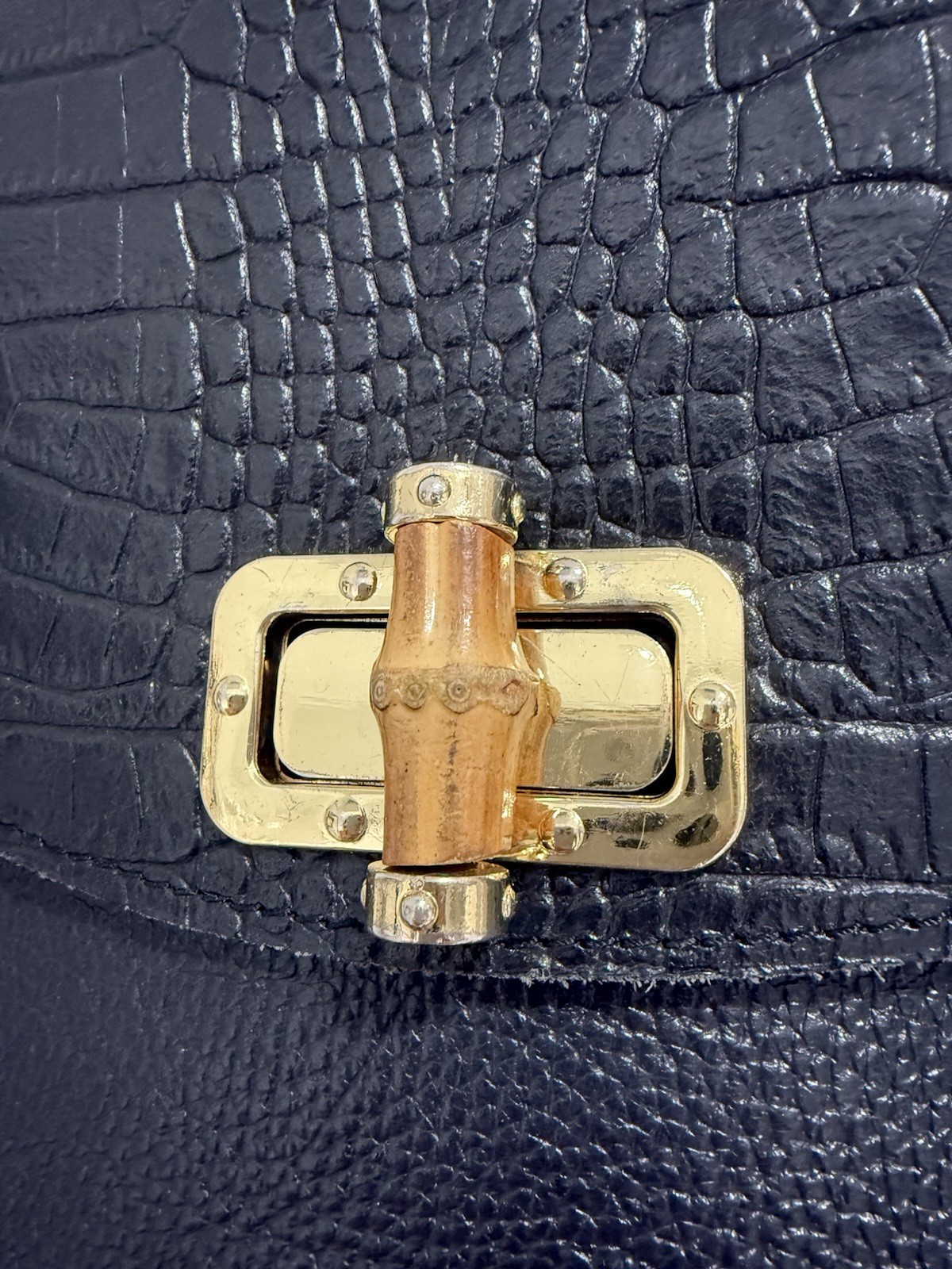 Large Black Croc Embossed Leather Bamboo Top Handle Turn Lock Crossbody Satchel