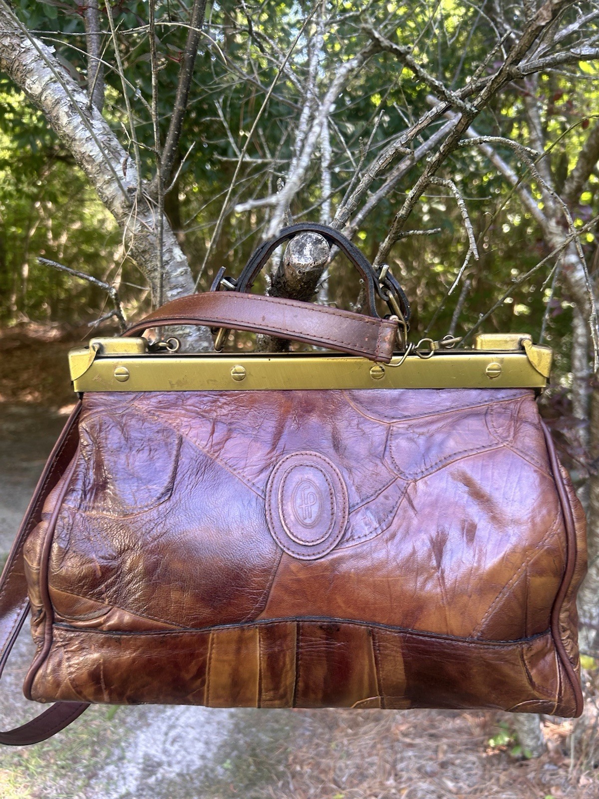 Vintage Patchwork Leather Gladstone Handbag Doctor Midwife Style/ Brass Hinged
