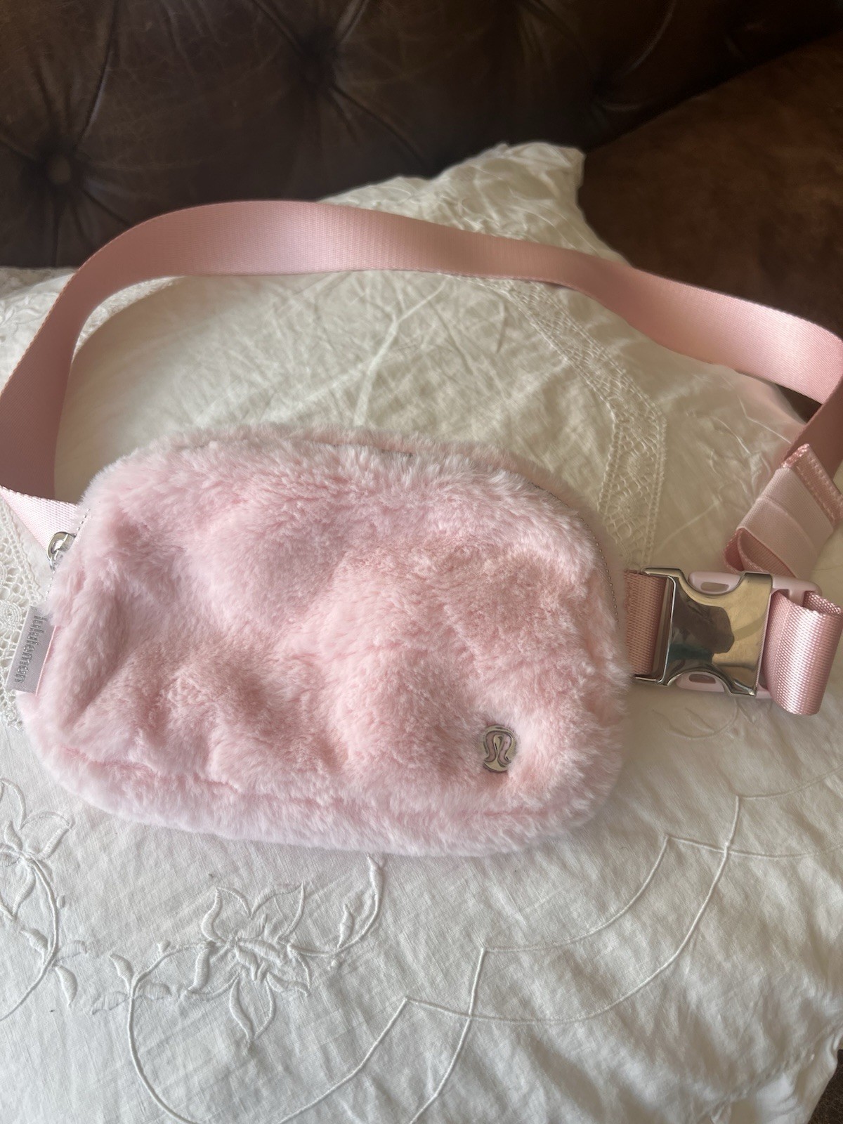 Lululemon Pink Faux Fur Belt Bag Fanny Pack Adjustable Strap Logo Accent