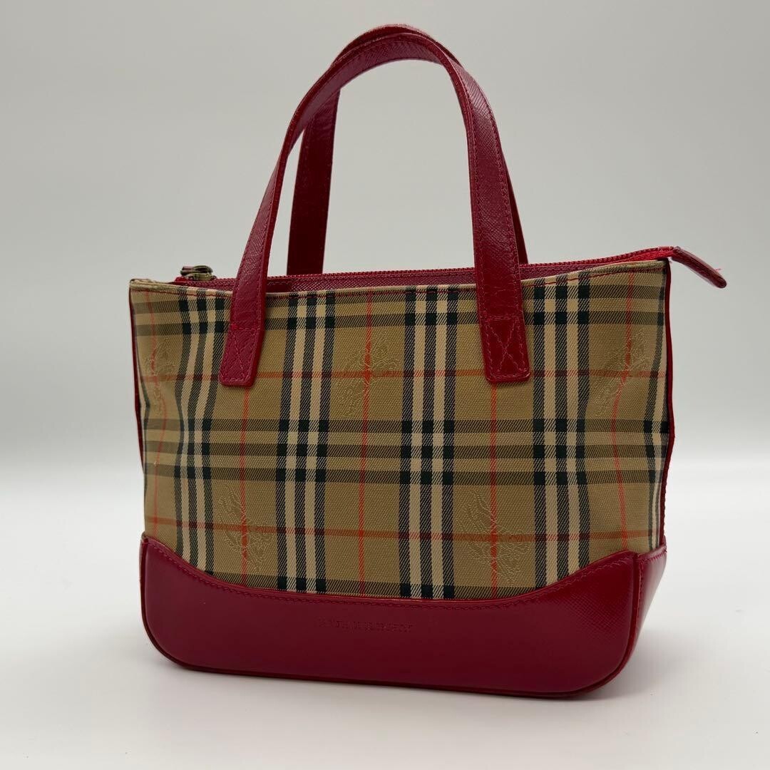 Burberry Red Nova Check Canvas Leather Tote Bag Horse Logo Vintage Self Standing