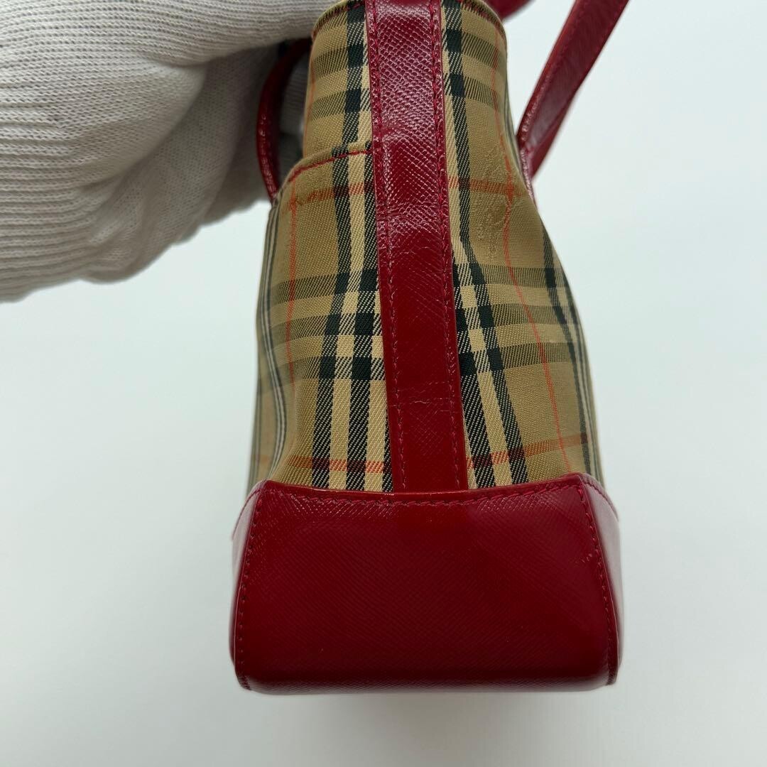 Burberry Red Nova Check Canvas Leather Tote Bag Horse Logo Vintage Self Standing