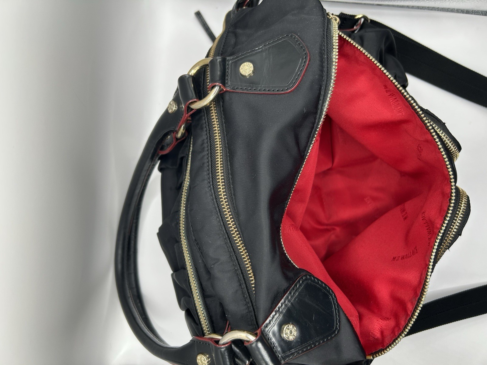 MZ Wallace Black Satchel Top Handle Zip Bag Red Lining Gold HW Strap Pouch