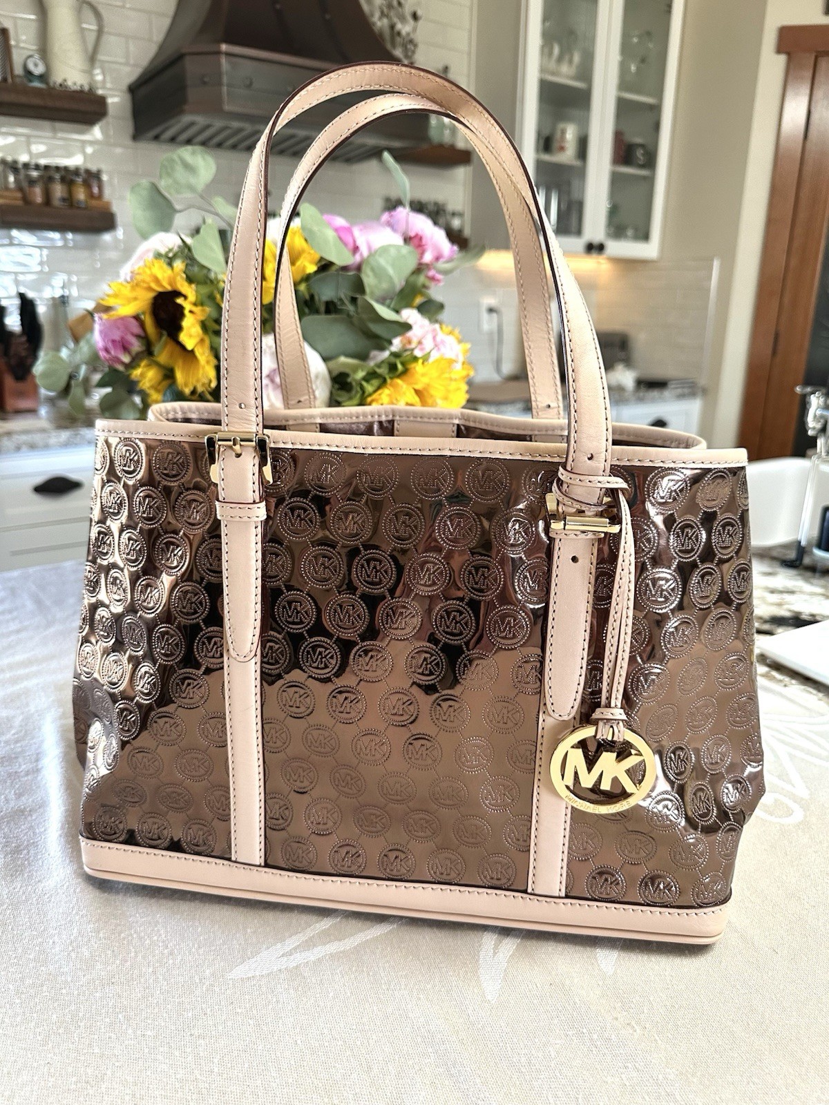 Michael Kors Grayson Large Tote Cocoa Mirror Metallic Monogram Patent Bag