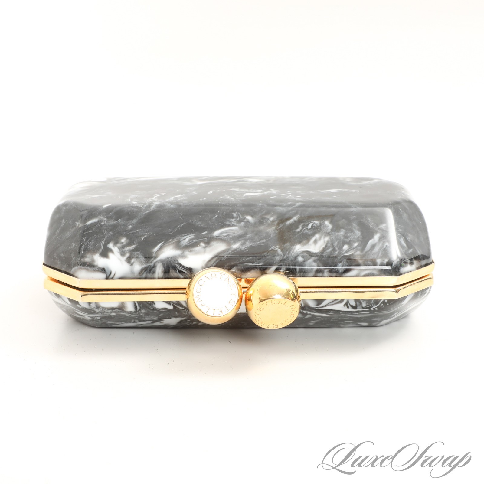Stella Mccartney Made in Italy Black Marbled Hardside Gold Kisslock Clutch Bag