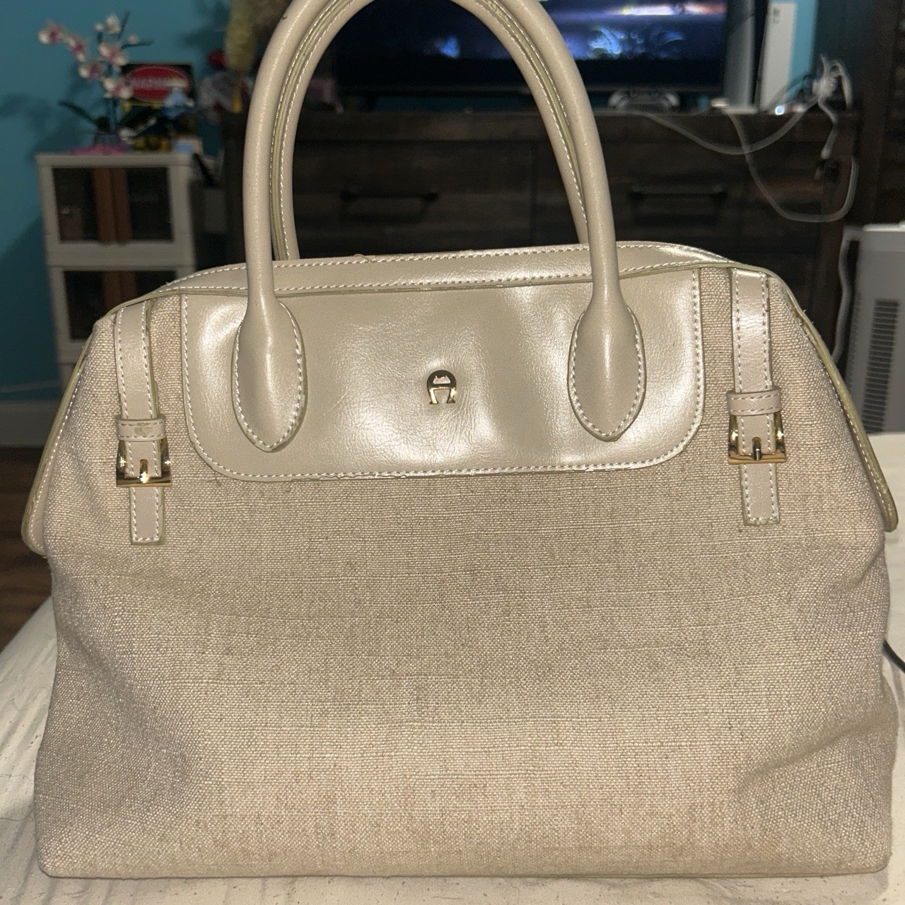 Etienne Aigner Beige Solid Satchel Top Handle Bag Zip Closure Gold Hardware