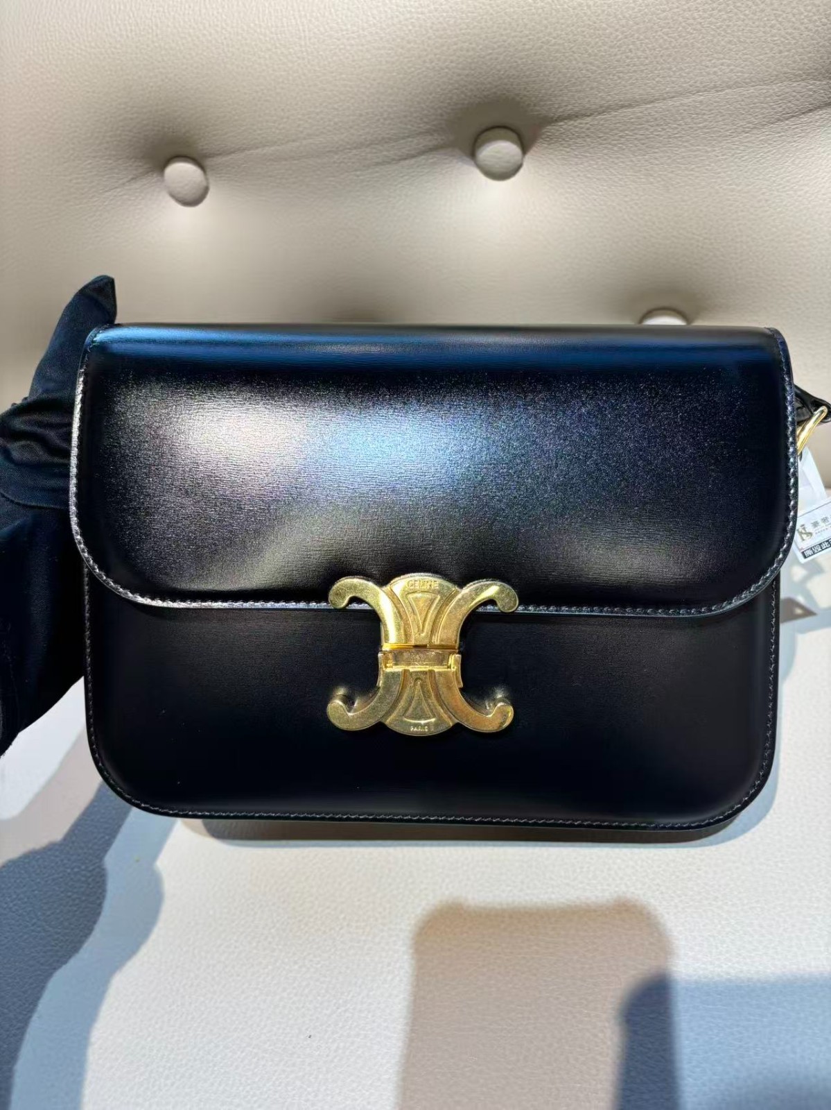 Celine Triomphe Medium Black Gold Leather Shoulder Bag(22.5 x 16.5 x 7.5)CM
