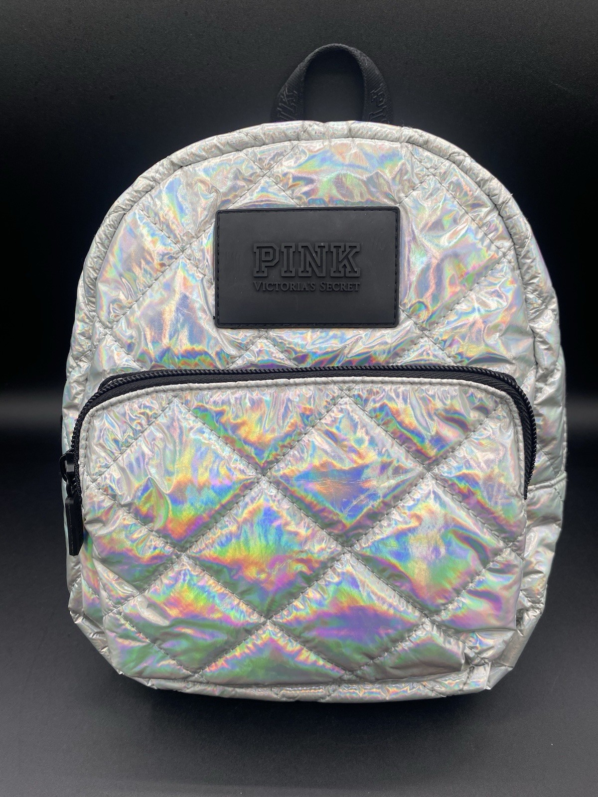 Victoria’s Secret PINK Logo Quilted Mini Backpack Bag Iridescent Silver